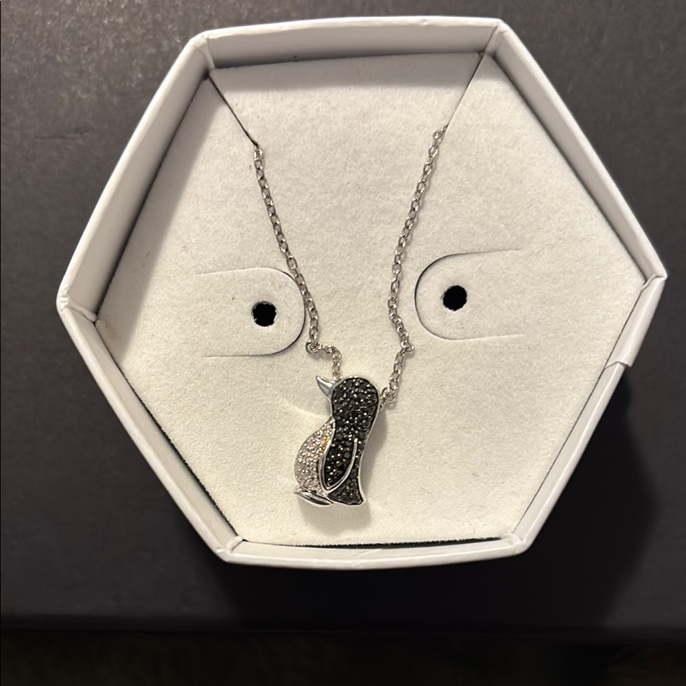black & white diamond penguin necklace in sterling silver